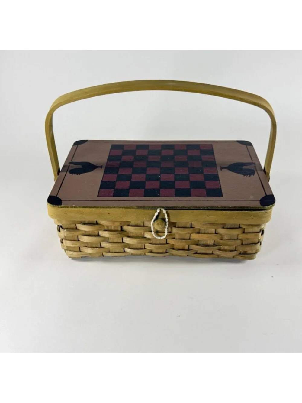Handcrafted Wooden Checkerboard Picnic Basket With Handle 13